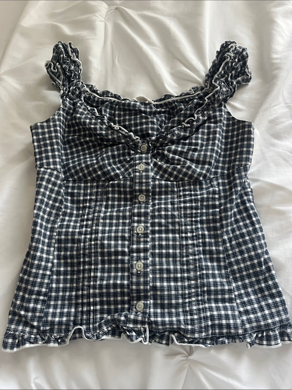Brandy Melville Navy & White Gingham Smocked Strap Cami